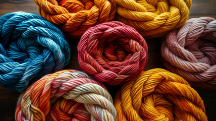 rows of wool yarn balls, meticulously arranged - obrazy, fototapety, plakaty