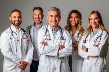 Equipe médica posando em fundo fotográfico 