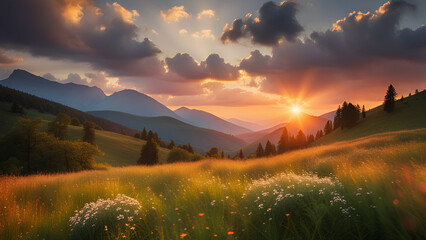 Fototapeta na wymiar Beautiful summer meadow sunset landscape.