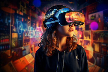 Obraz premium young woman wearing a virtual realityr device in front of a city scene, retro-futuristic cyberpunk