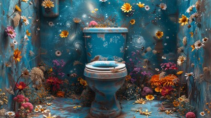 Blue Toilet Surrounded by Flowers in Bathroom