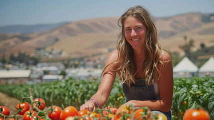 Female farmer harvesting tomatoes