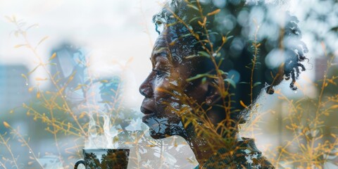 A senior African American woman, her hair graced with wisdom and resilience, cherishes a tranquil coffee moment within a double exposure image.