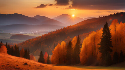 Autumn forest hills landscape at sunset