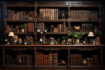 Obraz premium a big wooden bookcase with lots of copies of books, in the style of meticulous photorealistic still lifes, vintage academia, darktable processing, studyplace