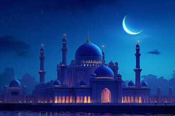 Mosque building in magic moon light. Ramadan kareem wallpaper. Eid ai fitr. Eid al adha background