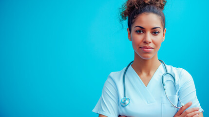 Enfermeira posando para foto em fundo fotografico azul - obrazy, fototapety, plakaty