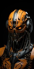Naklejka premium a black and orange monster sculpture in sci tech, in the style of realistic hyper-detailed portraits, mecha anime, hyper-realistic details