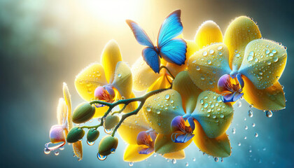 Beautiful Orchids on a bokeh background with butterfly morning light fresh