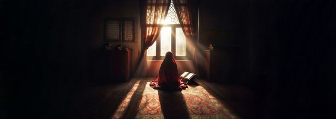 A Muslim woman, covered in a red veil, kneels in prayer as the sun's rays filter through a nearby window. - obrazy, fototapety, plakaty