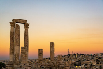 View of the Temple of Hercules in the citadel of Amman, Jordan at sunset