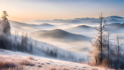 Winter foggy morning. Winter hills landscape.