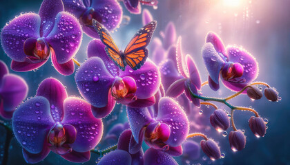 Beautiful Orchids on a bokeh background with butterfly morning fresh