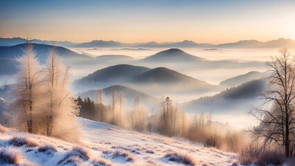 Winter foggy morning. Winter hills landscape.