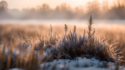 Snowy winter landscape. Foggy winter morning. Frozen grass close-up.