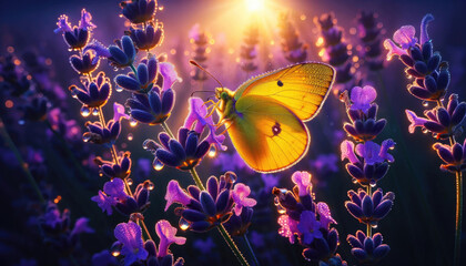 Butterfly on Lavender Flowers - A yellow butterfly perches delicately on a cluster of lavender...