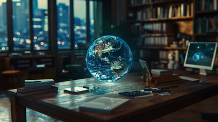 earth globe hologram on the table, modern futuristic technology, digital internet network concept