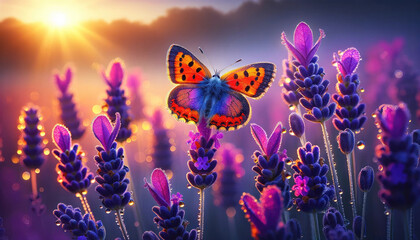 Colorful Butterfly on Lavender Flowers - A vibrant butterfly perches delicately on a cluster of...