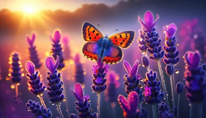 Fototapeten Colorful Butterfly on Lavender Flowers - A vibrant butterfly perches delicately on a cluster of lavender flowers with a dreamy, multicolored background. © RockyCreative