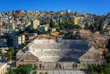 Roman theater in Amman, Jordan with cityscape in the background
