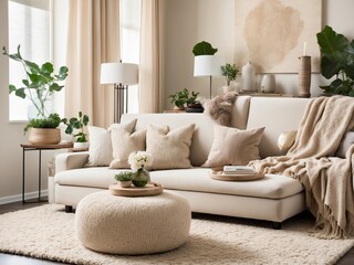 living room a beige. The side table is the perfect spot for your favorite decor pieces, and the leaf in a vase adds a touch of freshness. The boucle rug adds a cozy and stylish. create with ai