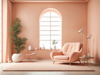 a white wall mock-up in warm tones, complemented by a chic Peach Fuzz armchair and minimalistic decorations. decoration with plants in a pot. create with ai
