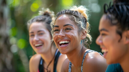 A group of friends laughing together during a fitness boot camp