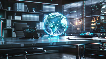 earth globe hologram on the table, modern futuristic technology, digital internet network concept