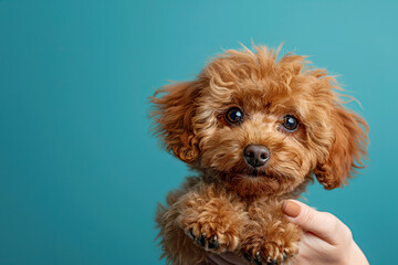 Miniature Poodle puppy looking at the camera on a blue background. Miniature chocolate poodle in hand