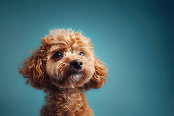Miniature chocolate poodle on a blue background. Small dogs. The concept of human-dog friendship, animal care. A companion dog
