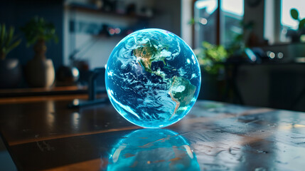 earth globe hologram on the table, modern futuristic technology, digital internet network concept