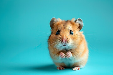 Hamster standing on its hind legs  on blue background. The banner. Rodent feed and care products