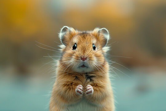 Portrait of a Syrian hamster on a blurred background. The banner. Rodent feed and care products
