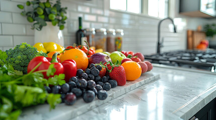 A colorful assortment of fresh fruits and vegetables on a kitchen counter