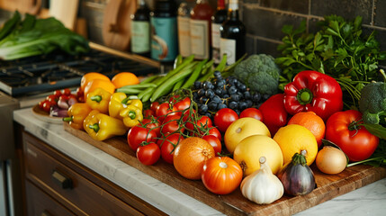 A colorful assortment of fresh fruits and vegetables on a kitchen counter