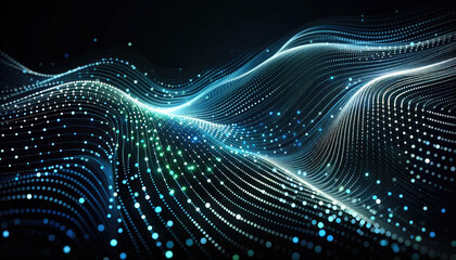 Abstract Digital Wave background with Particle Network - Dynamic abstract image of a flowing digital wave made of particles and connecting lines on a dark background.