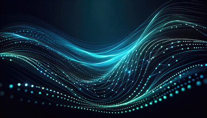 Abstract Digital Wave background with Particle Network - Dynamic abstract image of a flowing digital wave made of particles and connecting lines on a dark background.