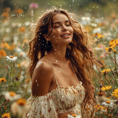 a woman joyfully twirling in a meadow during a gentle rain, with wildflowers around her