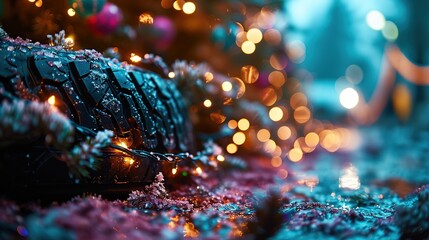 a black tire next to a christmas gift, in the style of silver and purple, advertisement inspired, sharp & vivid colors, festive atmosphere - obrazy, fototapety, plakaty