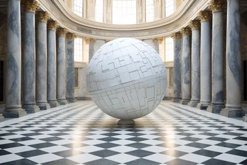 Fotobehang a large white sphere on a checkered floor in a room with columns © Alex