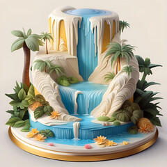 Cake shaped like a tropical waterfall with palm trees