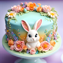 Cake shaped like a bunny with flowers.