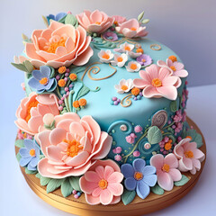 Cake decorated  with colorful flowers.