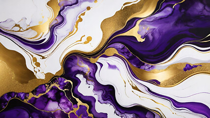Abstract purple and gold marble alcohol ink background.