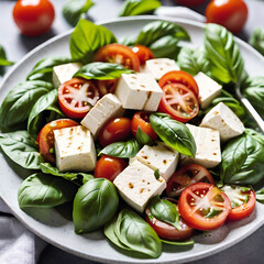 Salad with tomatoes, basil and grilled tofu. 