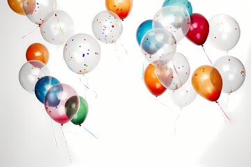 An artistic arrangement of transparent balloons filled with colorful confetti, forming a mesmerizing cluster against a white background, ready for a festive occasion.