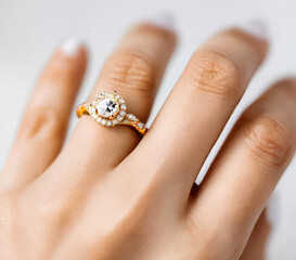 Closeup of beautiful elegant gold engagement ring on a woman's hand