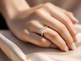 Closeup of beautiful elegant gold engagement ring on a woman's hand