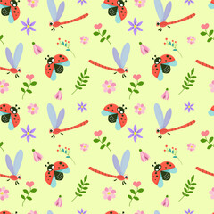 Seamless pattern of cute insects surrounded by spring flowers. Kawaii characters, ladybug and dragonfly. Pattern wrapper