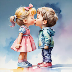 First kiss. Cute pastel watercolor painting.